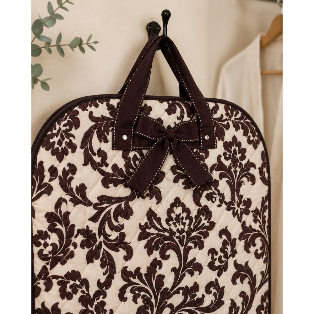 Belvah Quilted Garment Bag‎ Brown Cream Damask Travel Suit Cover with Bow Detail